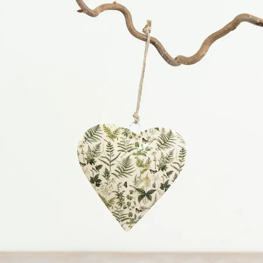 Leaf Hanging Heart Decoration - Aluminium 8cm Fern & Leaf Detail - Ideal Gift