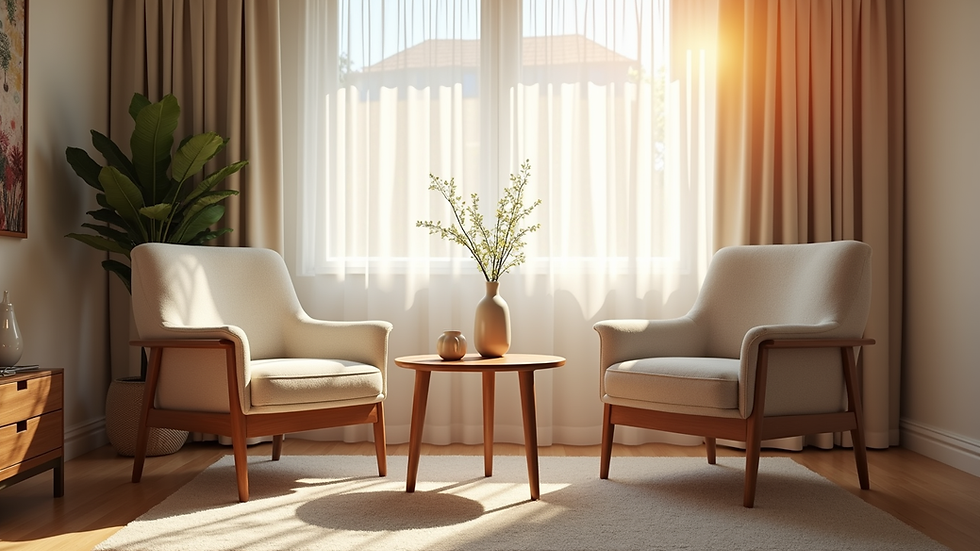 Eye-level view of a cozy therapy room with two chairs and a small table