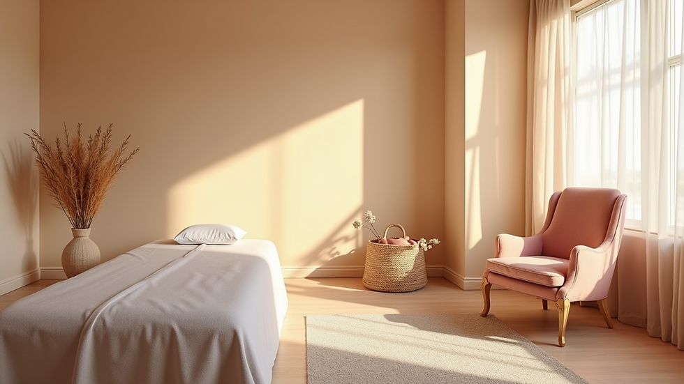 Nahaufnahme eines beruhigenden Therapieraums mit sanften Farben und bequemen Möbeln