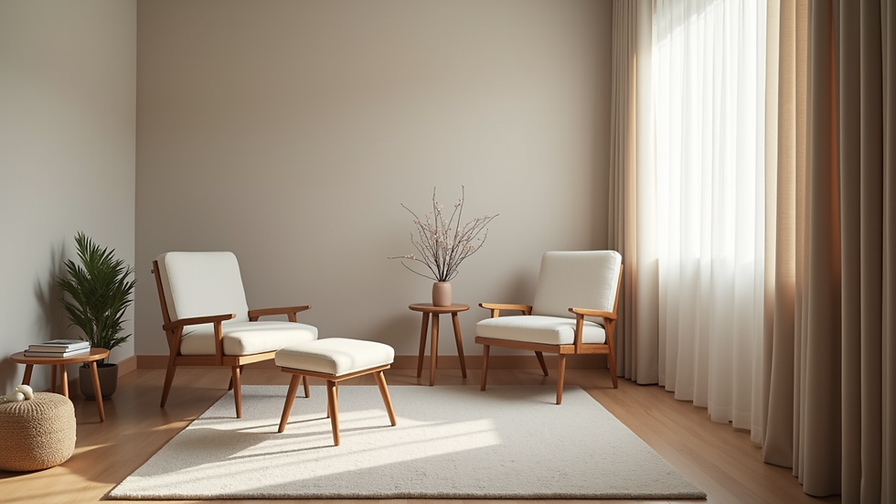 Eye-level view of a calm therapy room with comfortable chairs