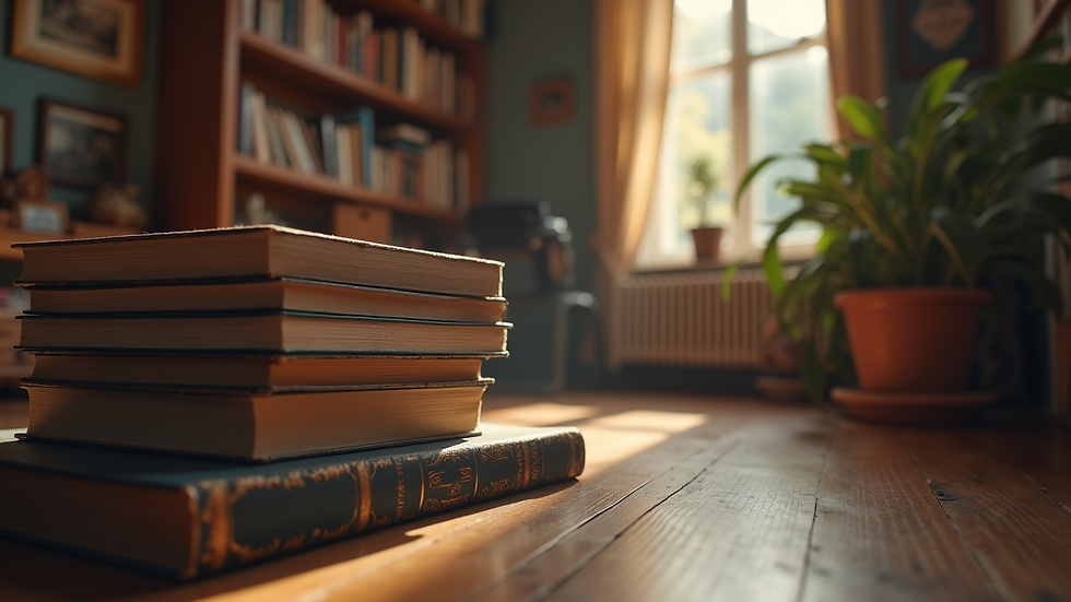 Eye-level view of a cozy reading nook with a stack of books