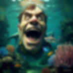  Desenho mostra um homem branco de cabelos castanhos, com cabeça desproporcionalmente grande e corpo de tubarão, nadando com a boca aberta e uma expressão assustadora, que demonstra raiva. Os músculos de seu rosto estão todos franzidos. Ao seu redor estão rochas, corais, alguns peixes coloridos e um tubarão que é bem menor do que a boca do homem. Os elementos estão fora de escala.