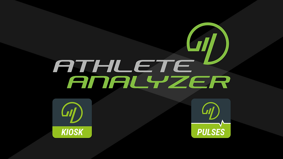 Identidade visual do ecossistema Athlete Analyzer com os logotipos dos aplicativos Kiosk e Pulses para monitoramento da frequência cardíaca e gestão de atletas.