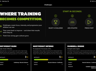 iPad screen showing the 'Challenges' interface in the Pulses App, featuring a 'Start in Seconds' three-step guide and a grid of selectable fitness challenges like 'Bodyweight Burn,' 'Bodyweight Inferno,' and 'Dumbbell Engine' with difficulty ratings.