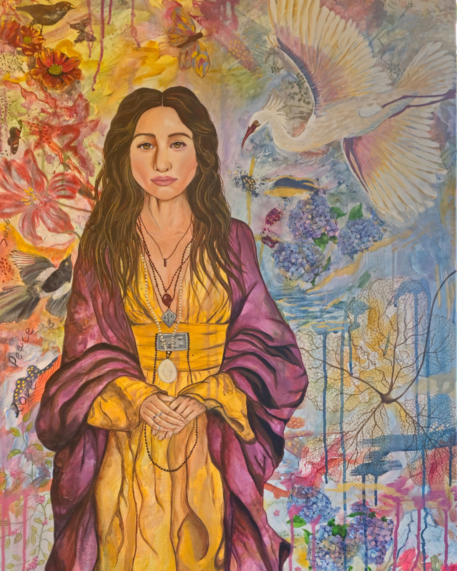 "lady in magical space surrounded ny birds and flowers