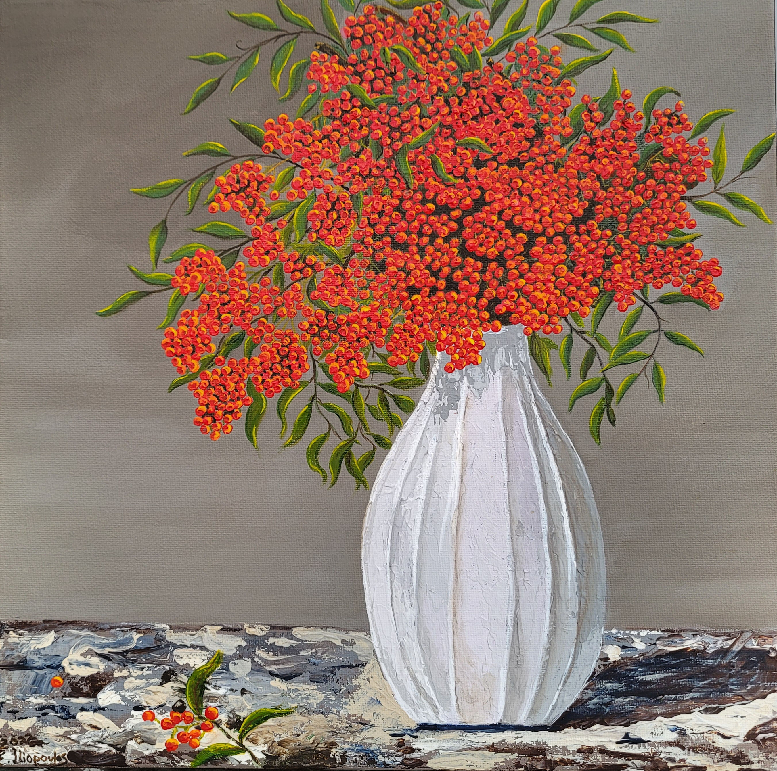 "Still life White Vase Red berries" painting by Effie Iliopoulos