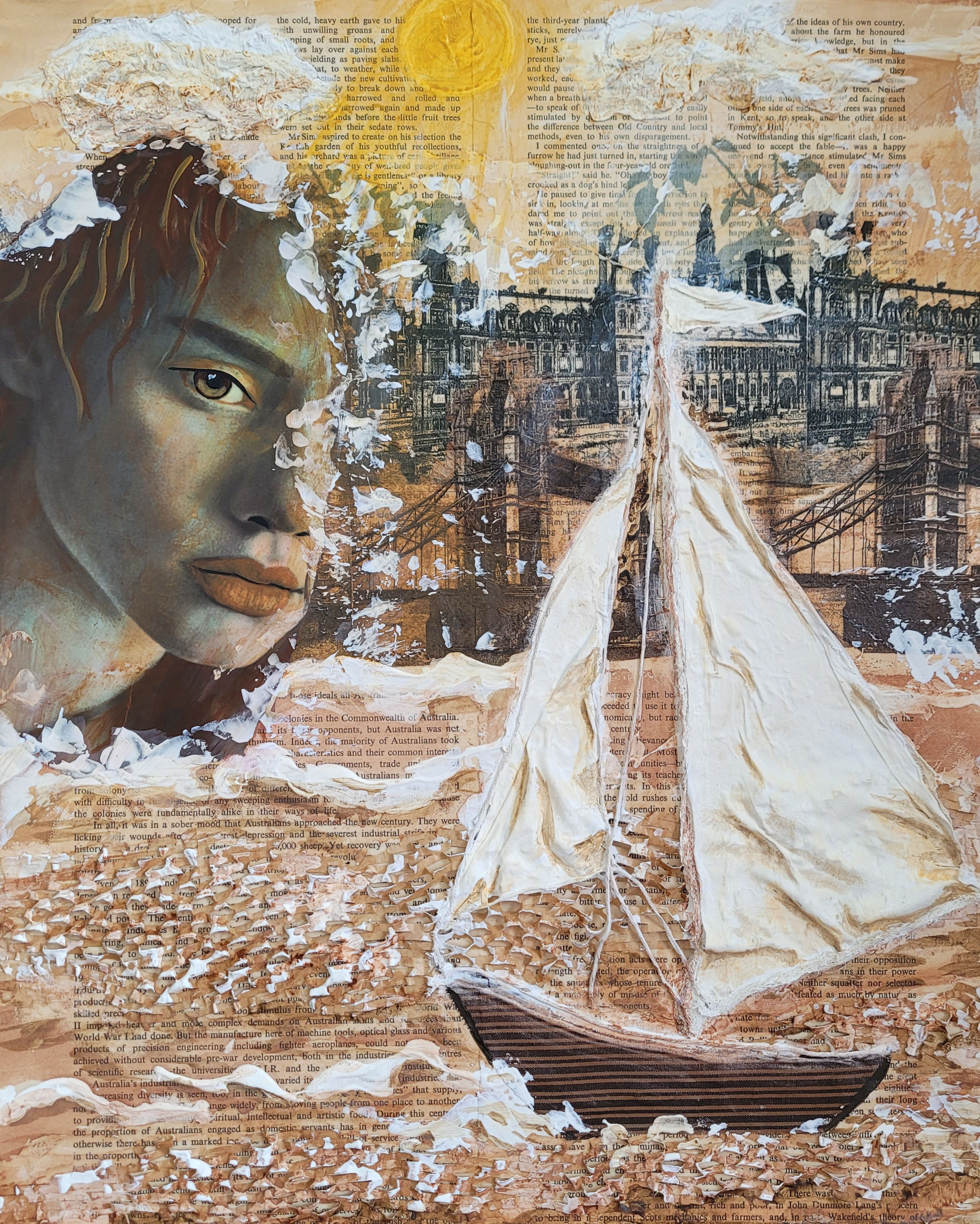 ("Girl waiting for her man to return") A striking mixed-media artwork presents a close-up of an intense human face on the le