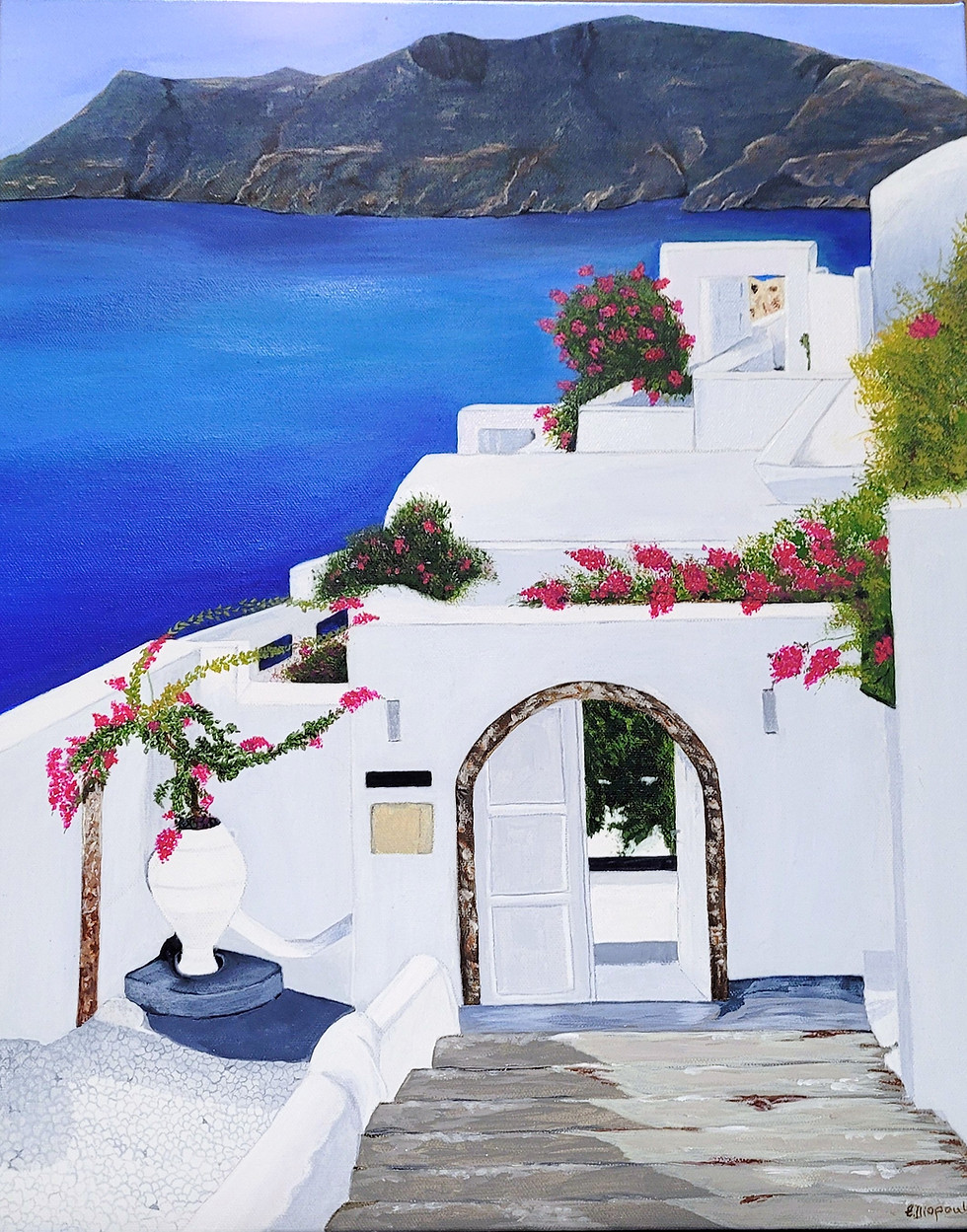 "Santorini white building on cliff face" acrylic painting by Effie Iliopoulos