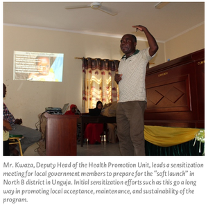 Mr. Kwaza, Deputy Head of the Health Promotion Unit, leads a sensitization meeting for local government members to prepare for the “soft launch” in North B district in Unguja. Initial sensitization efforts such as this go a long way in promoting local acceptance, maintenance, and sustainability of the program.