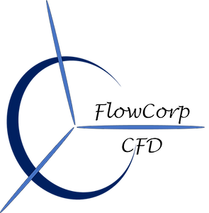 FlowCorp CFD company logo. Fluid dynamics consulting company using OpenFoam. It represents a wind turbine with wind blowing through it. 