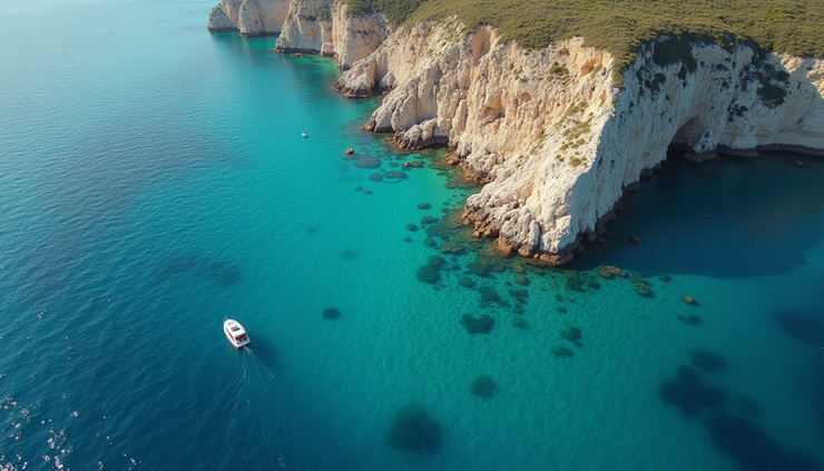 Vista panoramica dall’alto delle acque cristalline intorno alle isole Egadi con una barca che naviga vicino alla costa rocciosa