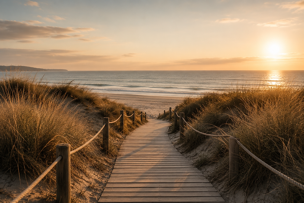 Wooden boardwalk leading through sand dunes towards a peaceful beach at sunset.