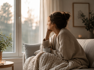 Woman experiencing anxiety while looking out of a window, representing the body's stress response and nervous system.