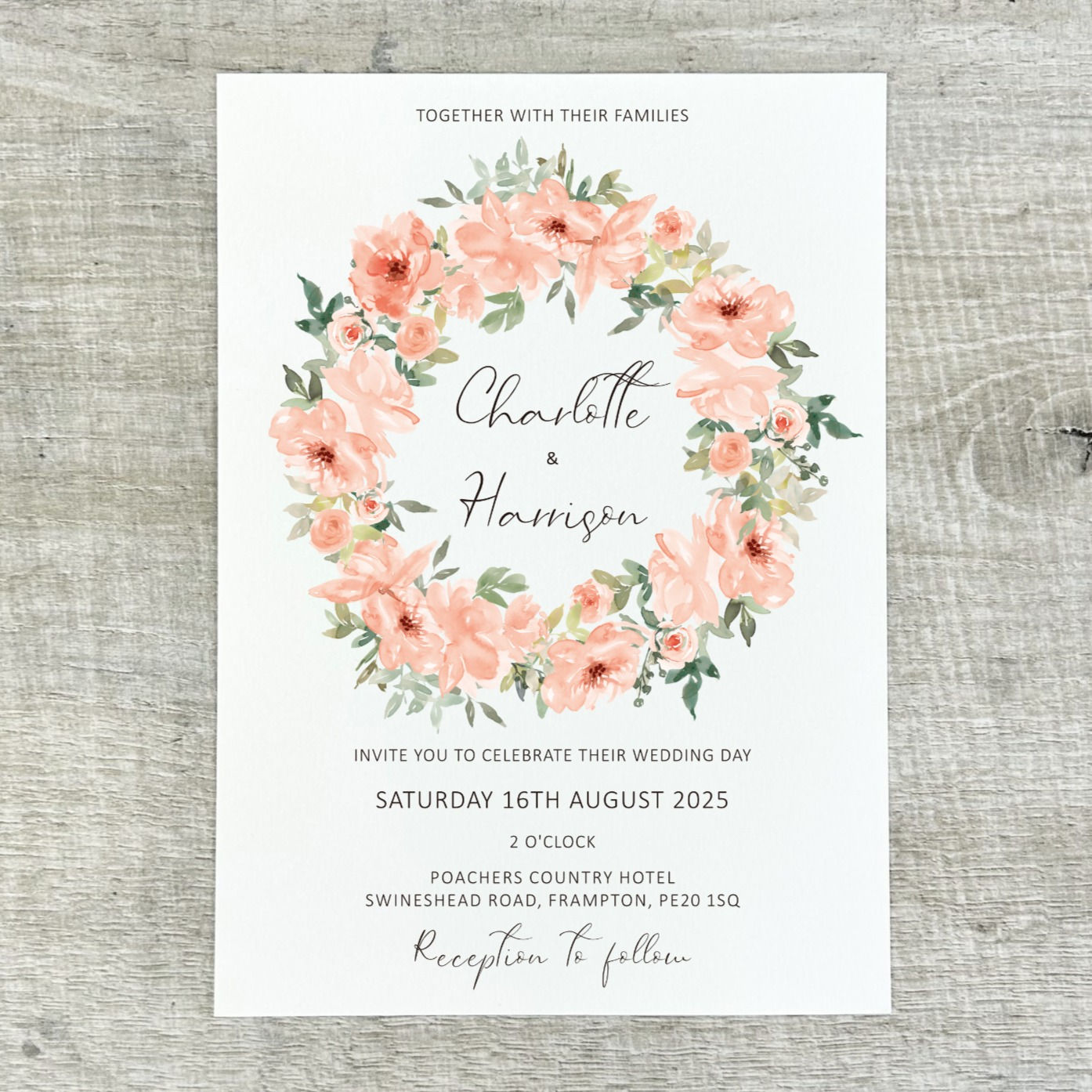 Flat wedding invitation with peach flowers