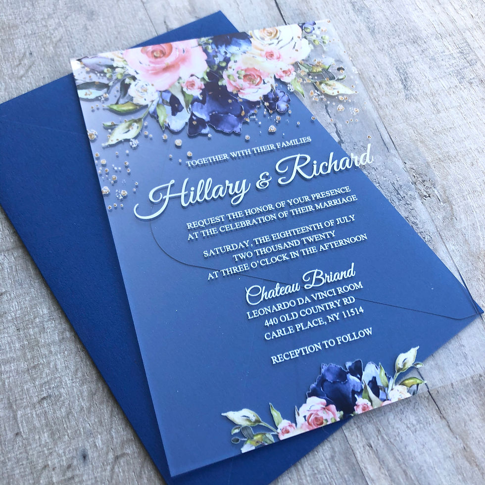 Thumbnail: wedding invitation with printed blush pink and blue flowers