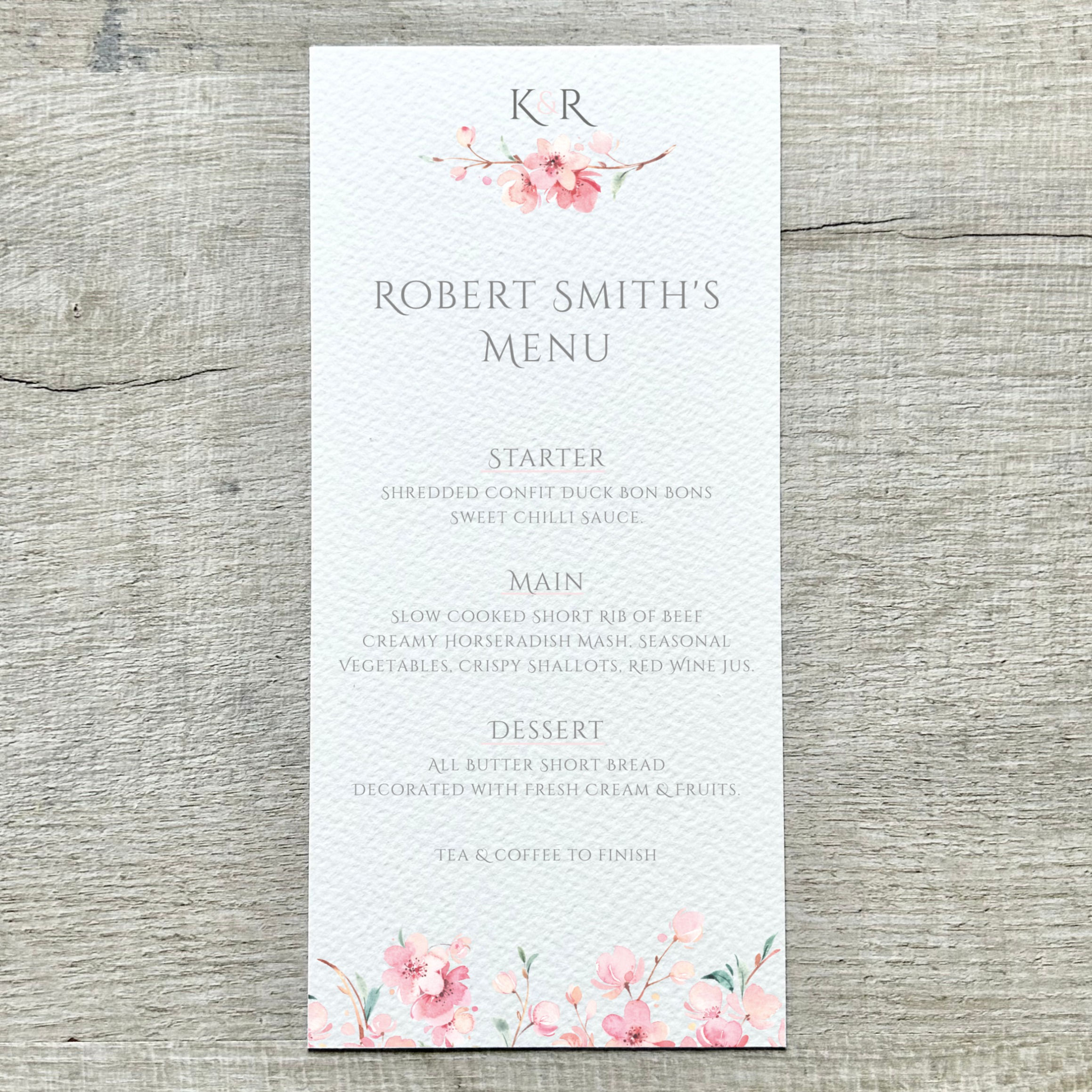 Wedding Menu Cards For Place Settings with a Cherry Blossom Design
