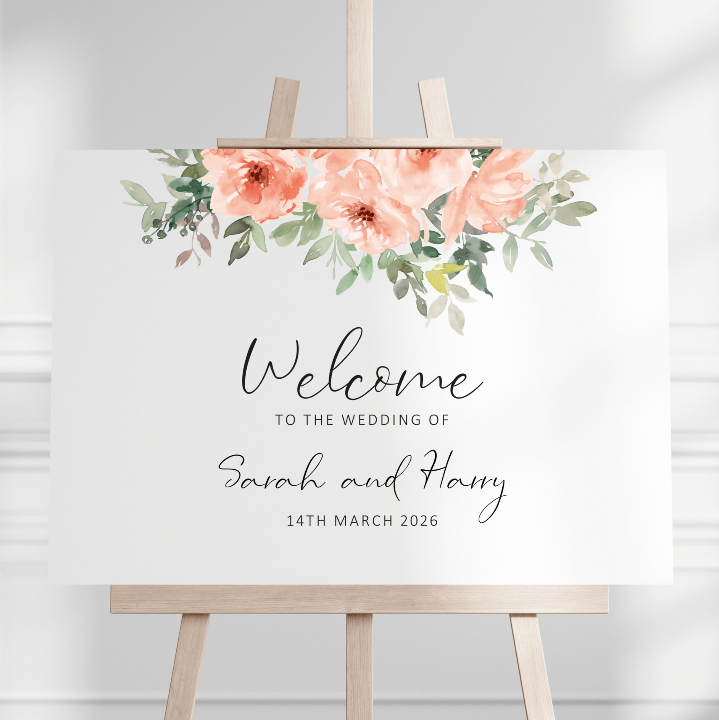 Peach flowers printed on a wedding welcome sign
