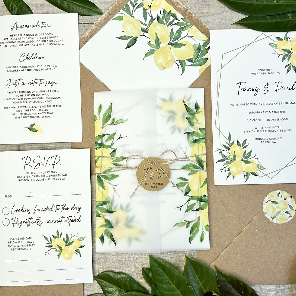 Thumbnail: Rustic invitation wrapped in vellum paper printed with lemons. Finished with twine and personalised tag