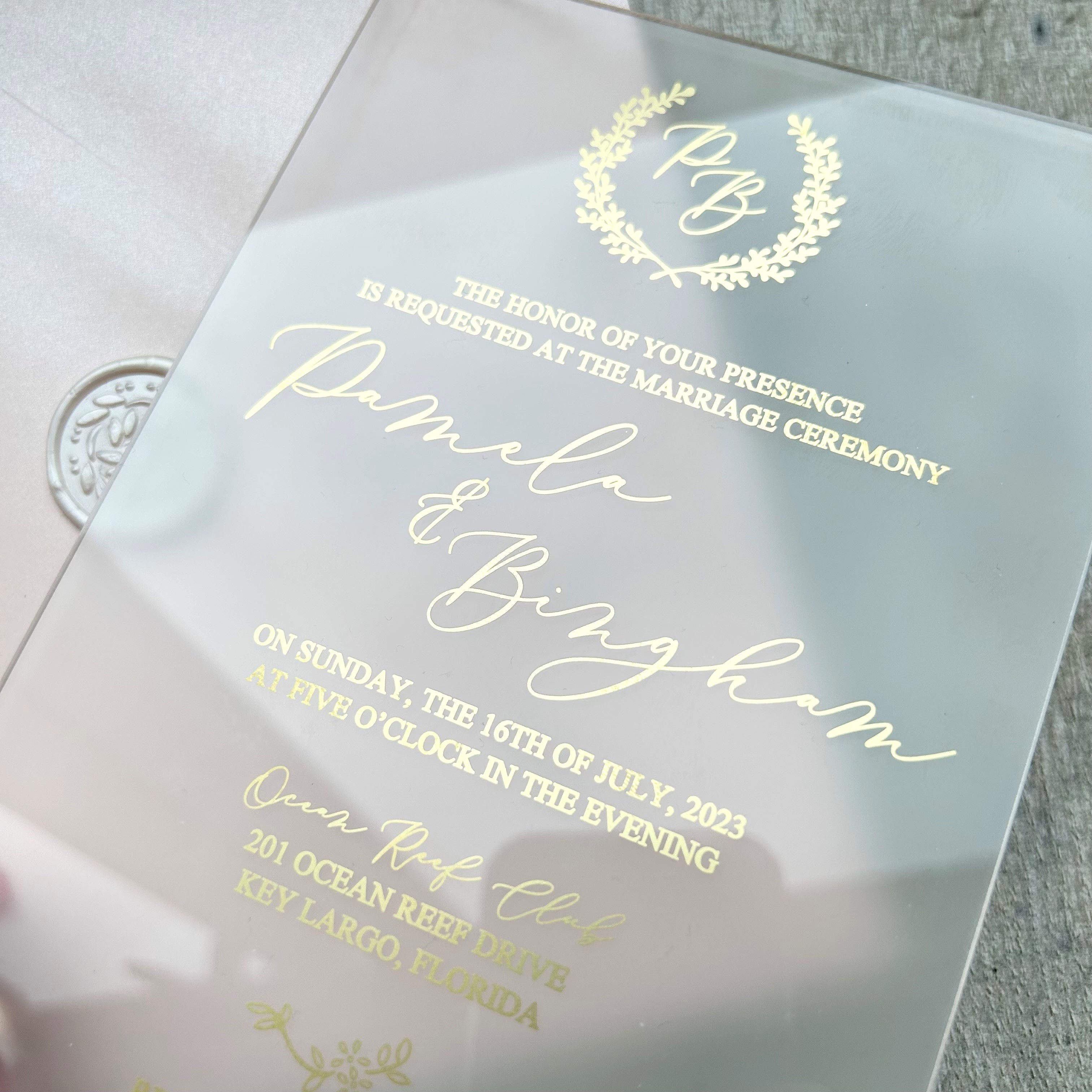 frosted acrylic with gold text and monogram