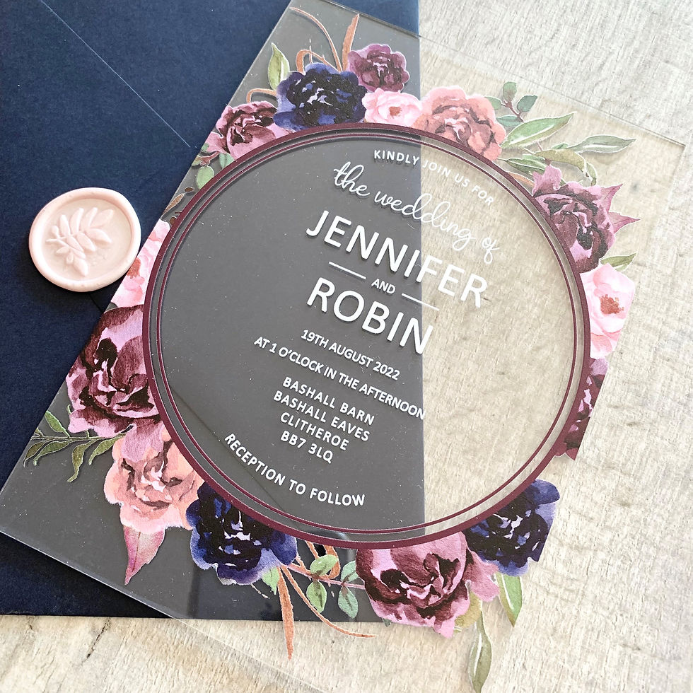 Thumbnail: acrylic wedding invitation with dusky pink and navy flowers
