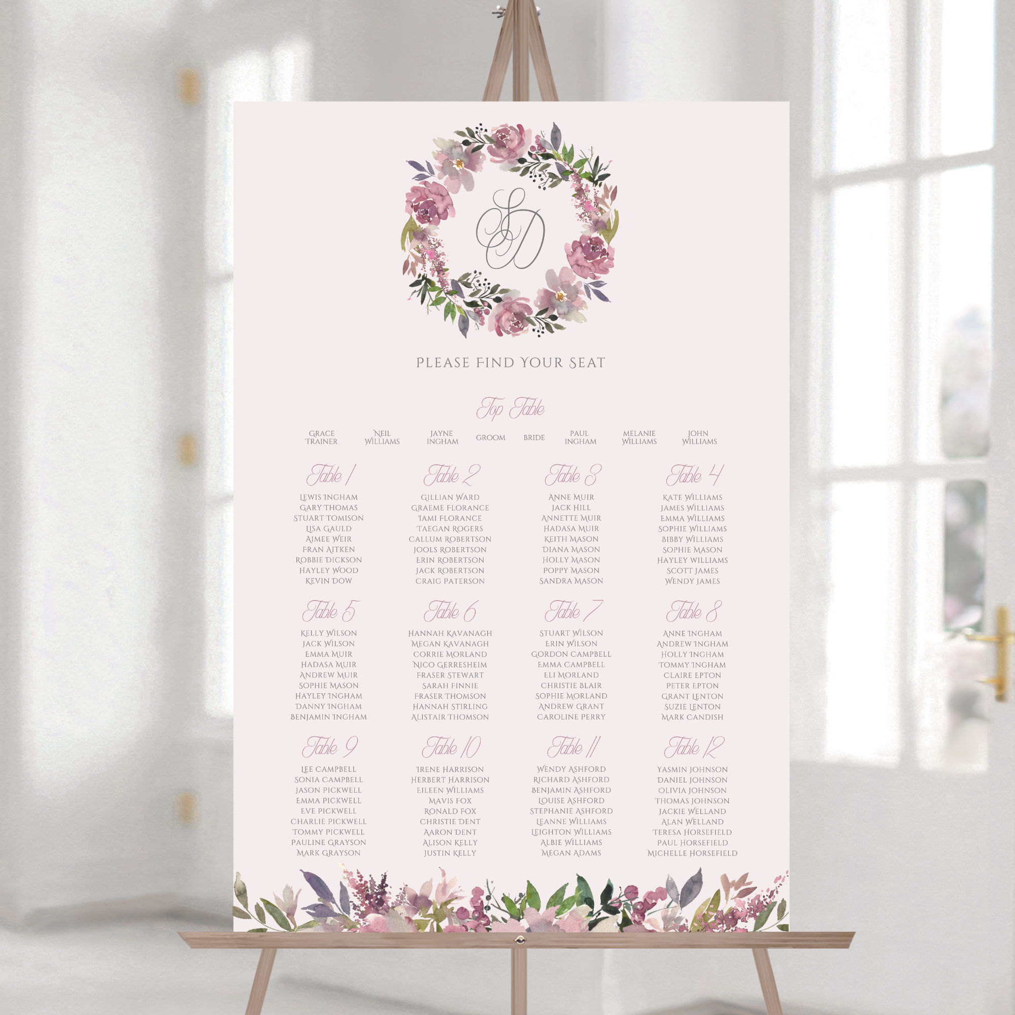 wedding table plan chart with a floral mauve design