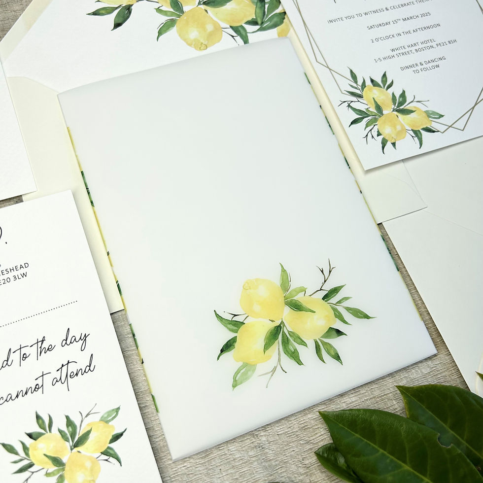 Thumbnail: Wedding invitation with a vellum wrap printed with bright yellow lemons finished with a gold wax seal