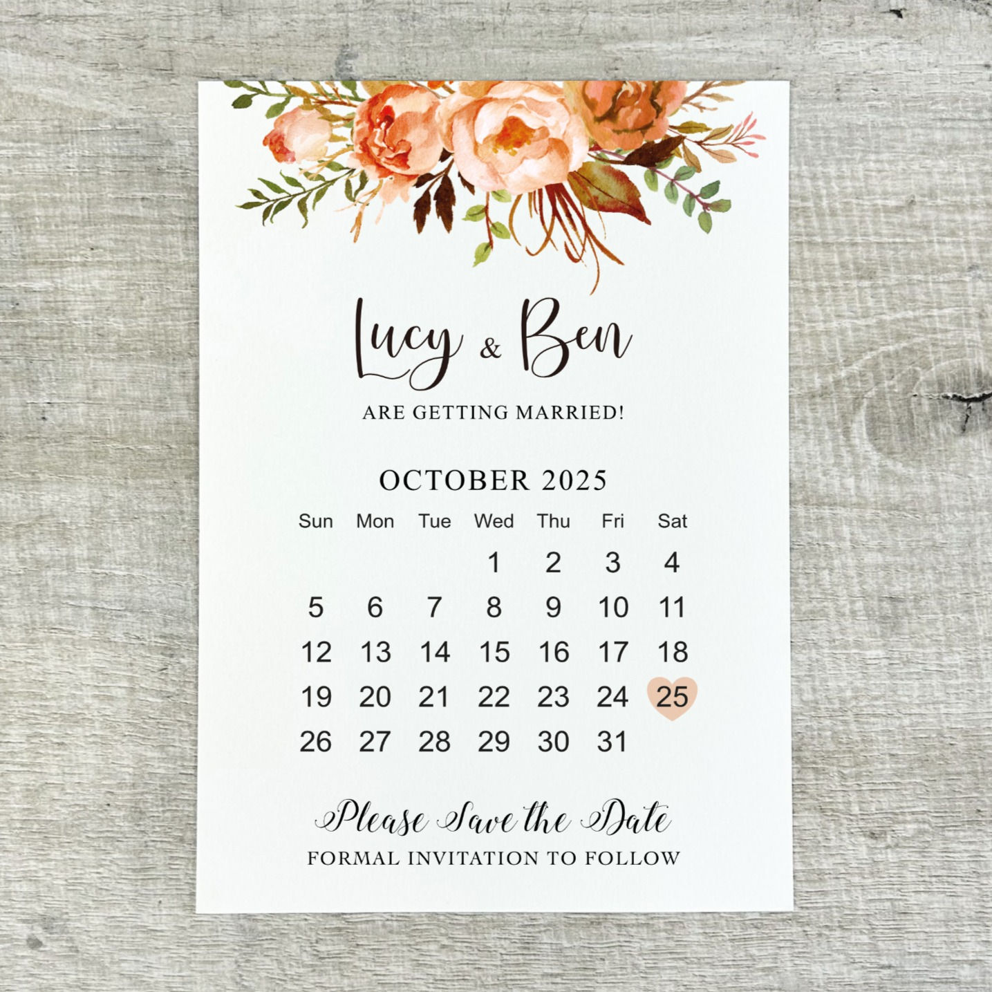 A save the date with printed burnt orange autumn flowers