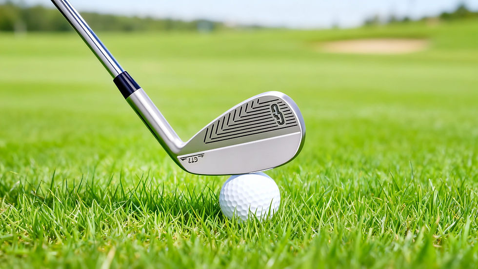 Close-up view of a hybrid golf club head resting on grass