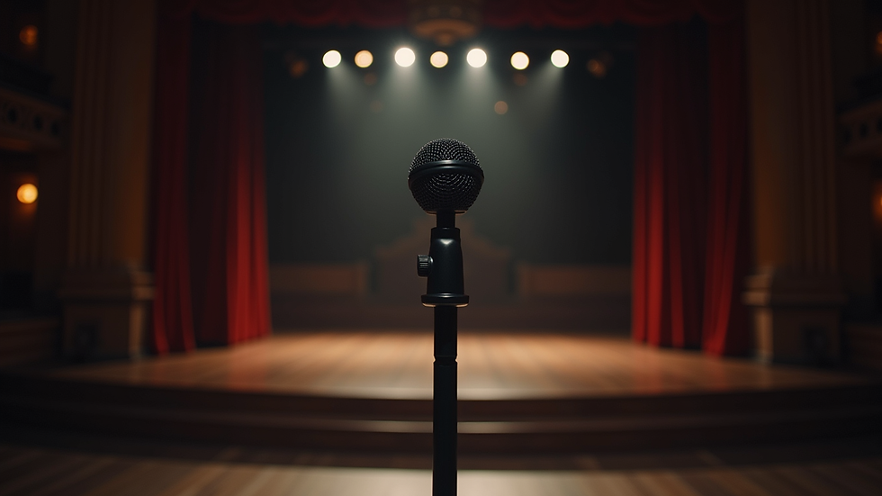Vue en contre-plongée d'une scène de théâtre avec un micro et un pupitre