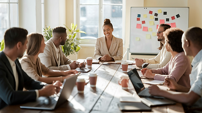 A diverse group of professionals gathered around a long wooden conference table in a sunlit office. A woman in a beige blazer sits at the head of the table, smiling as she leads the discussion. Team members are engaged, using laptops and taking notes. A whiteboard with colorful sticky notes is visible in the background, adding a collaborative and brainstorming atmosphere.