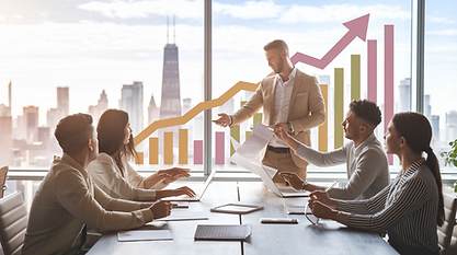 A professional team in a modern conference room with a city skyline view, listening to a man in a beige suit presenting data. A digital overlay of upward-trending bar and line graphs is superimposed behind him, symbolizing growth and success. Team members are engaged, with one person holding a document and another using a laptop.