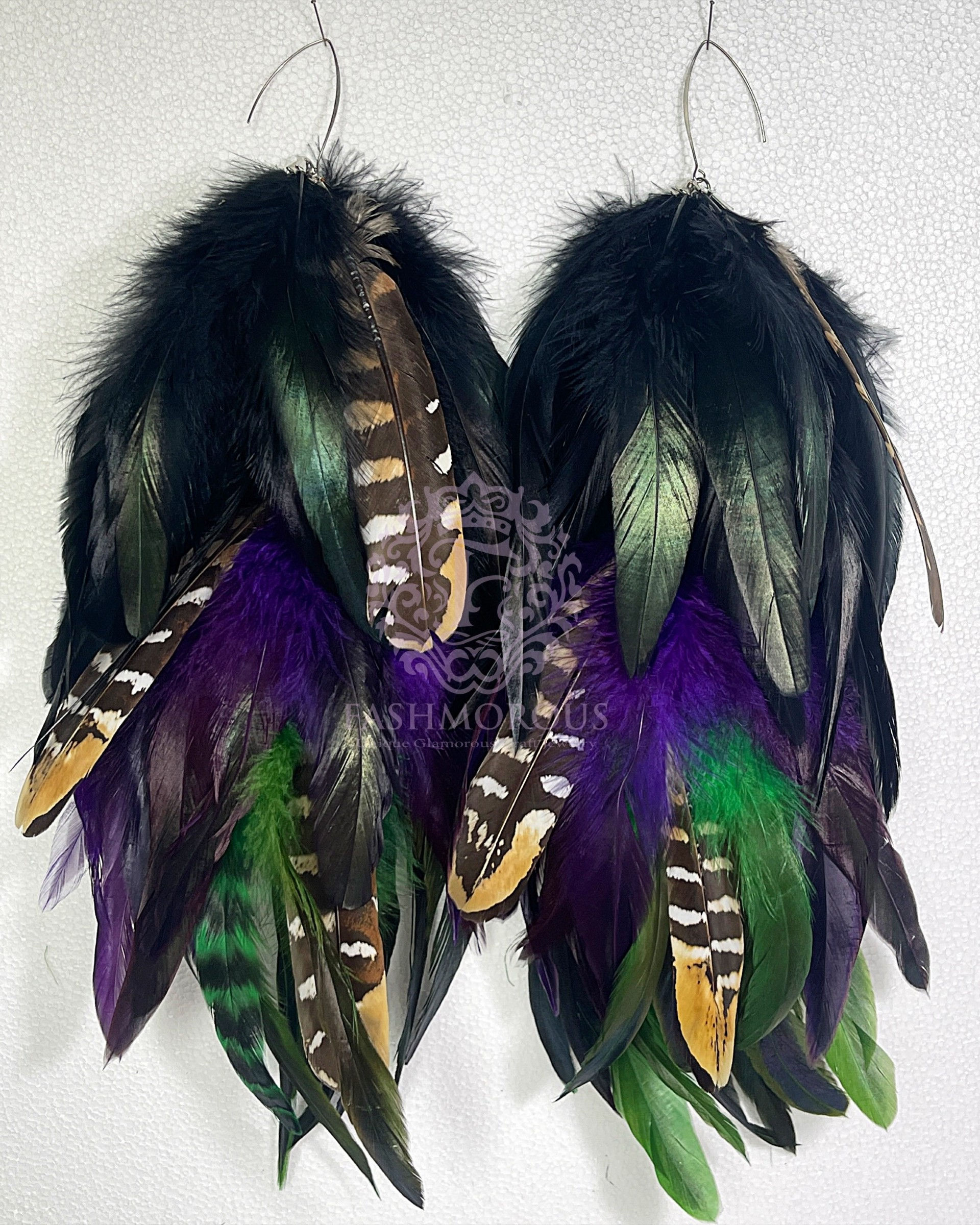 Long Feather earrings Black, Purple and Green