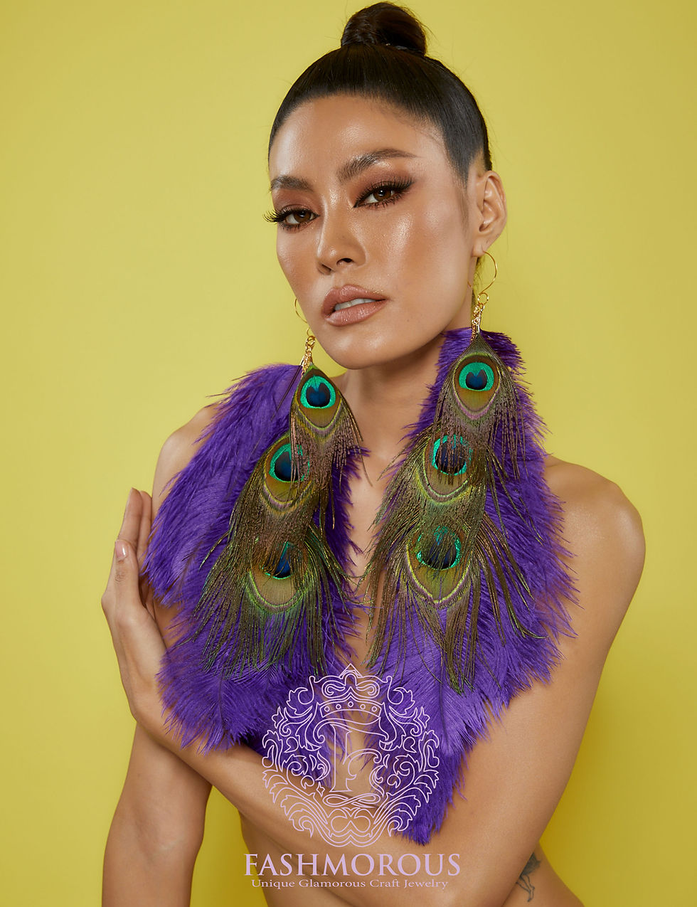 Thumbnail: Purple Feather Earrings Natural Feathers Dangle Earrings 2 in 1 Peacock Feather Earrings Red Festival earrings, Boho earrings 14 inch