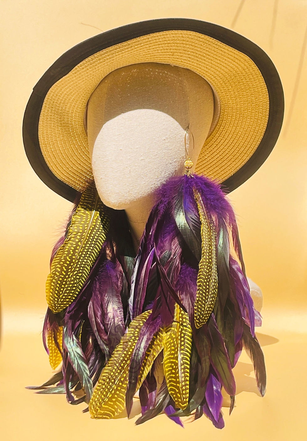 Thumbnail: Stunning Long Purple & Yellow Polka Dot Feather Earrings – Sustainable Luxury