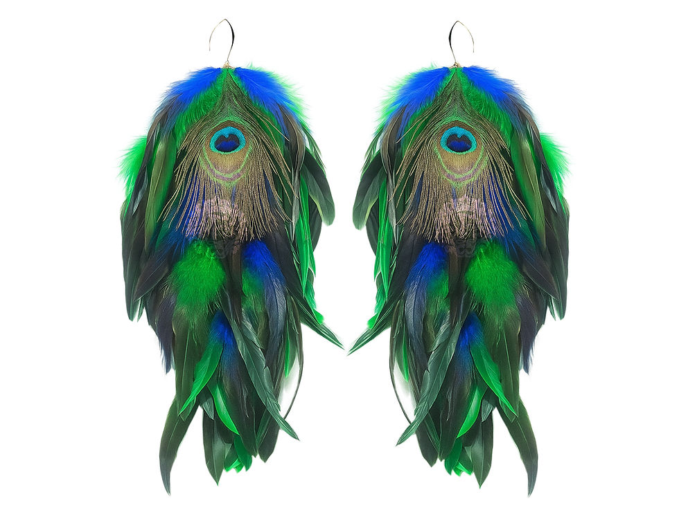 Thumbnail: Long peacock feather earrings in green and turquoise blue, 12 inch statement earrings for weddings and festivals.