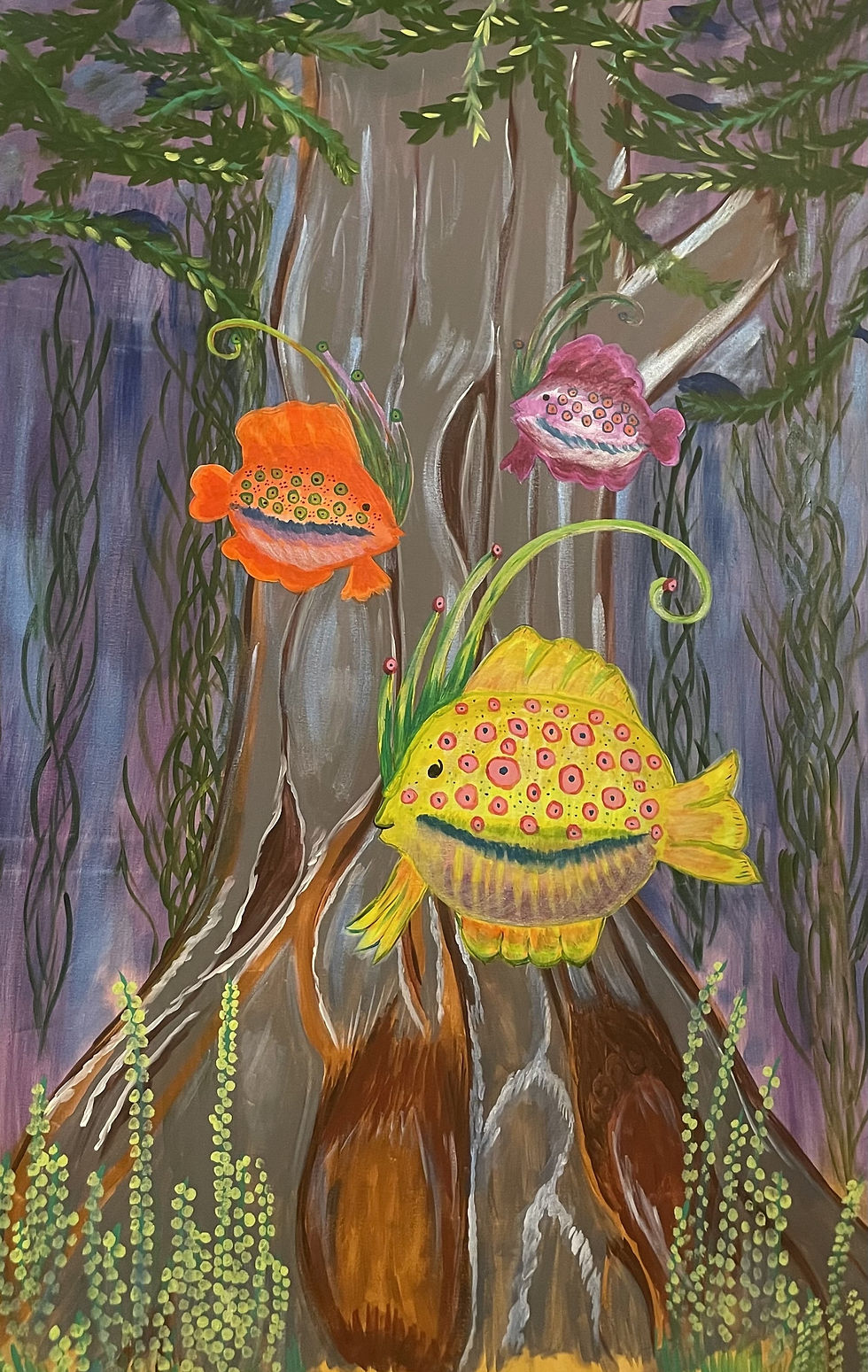 Colorful painting of three patterned fish in an underwater forest, titled Rooted & Roaming from The ZanyShire.