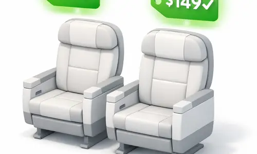 Airplane seats with crossed-out higher price and new lower fare after price drop