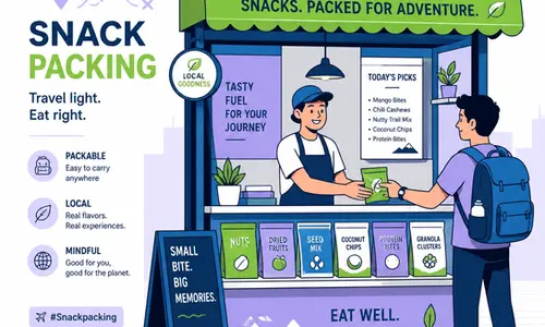 A minimalist illustration of a vibrant street food stall representing the snackpacking trend in green and blue tones.