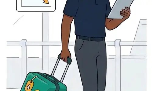 Traveler at airport with price monitoring icons