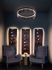Modern bar lounge featuring illuminated wall-mounted wine displays, contemporary armchairs, and a circular LED ceiling light