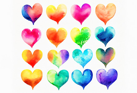 collection of watercolor love hearts in 