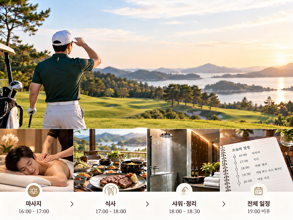 전라도 골프 라운드 후 샤워·식사·마사지 일정을 보여주는 이미지