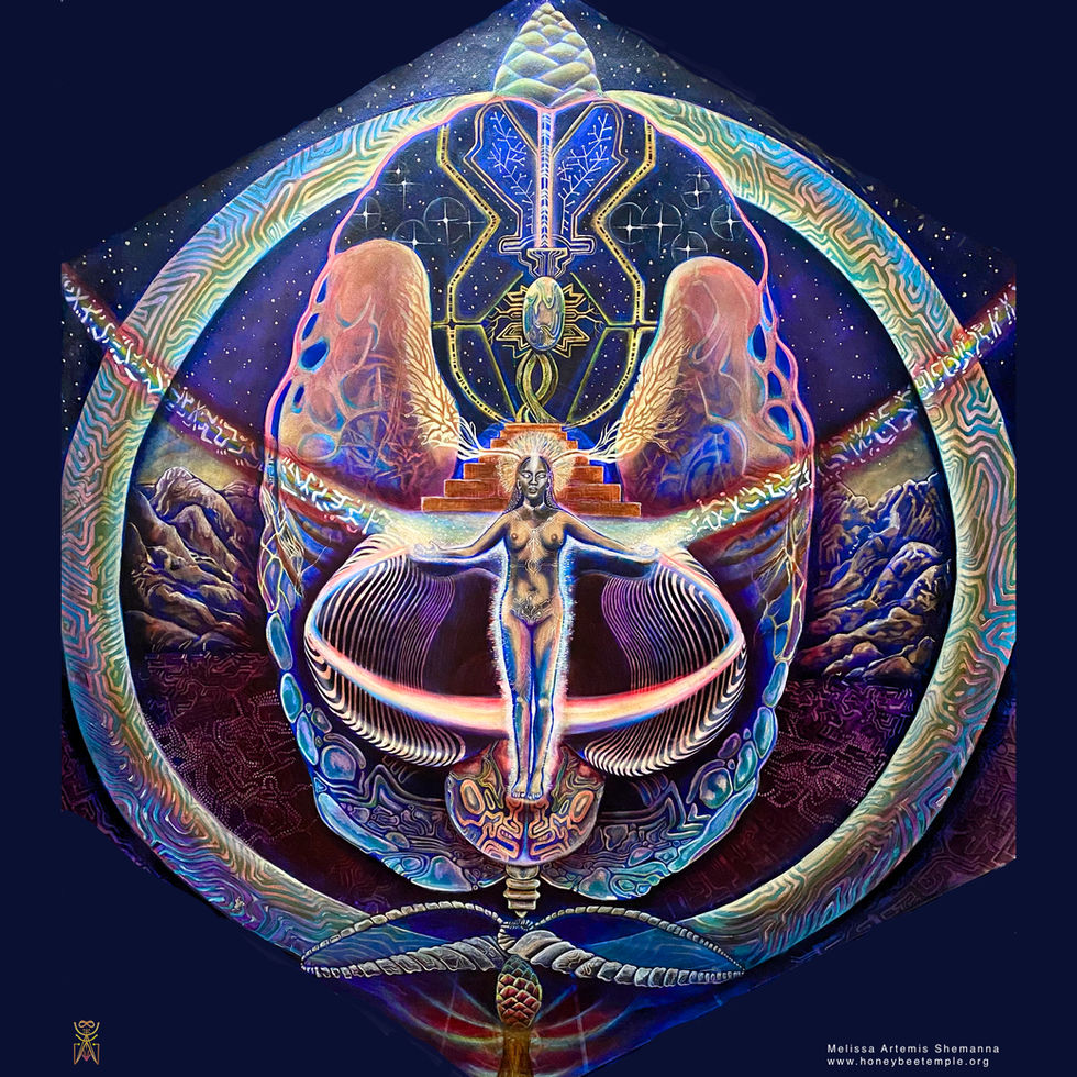 brain figure priestess code pineal rainbow landscape language glyph painting original art of melissa shemanna