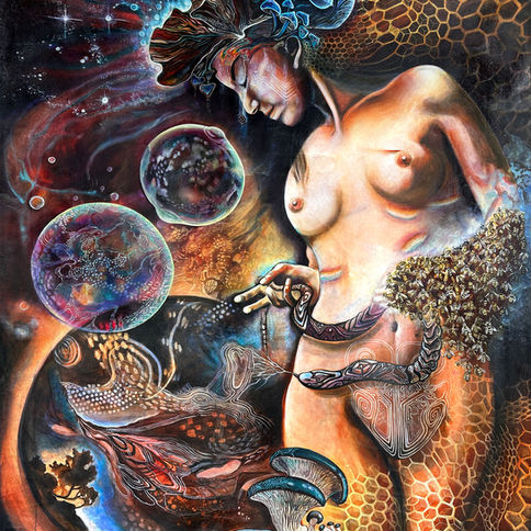 natural law honeycomb landscape cosmic bubbles mushrooms serpent Goddess painting original art of melissa shemanna