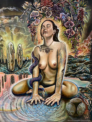 faery lore standing stones springwater pythia oracle flowers honeybees woman goddess priestess painting original art of melissa shemanna