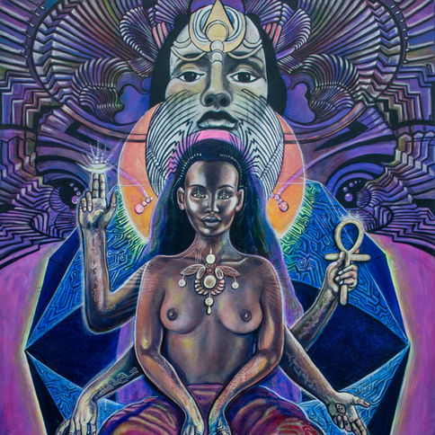 goddess earth wisdom colour sapphire pomegranate altar honeybee priestess anhk DNA painting original art of melissa shemanna