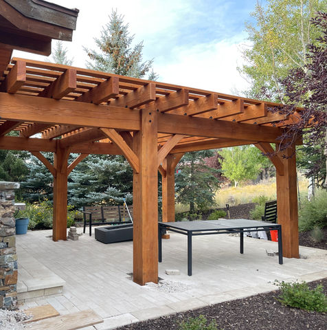 Timber Pergola built from rough sawn wood in Park City, Utah. Complete custom build by the pergola contractors at Salt City Woodworks in Utah and California.