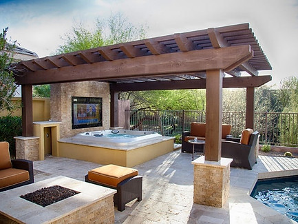 Luxury heavy timber freestanding pergola pavilion over an outdoor spa and hot tub on an Orange County patio.