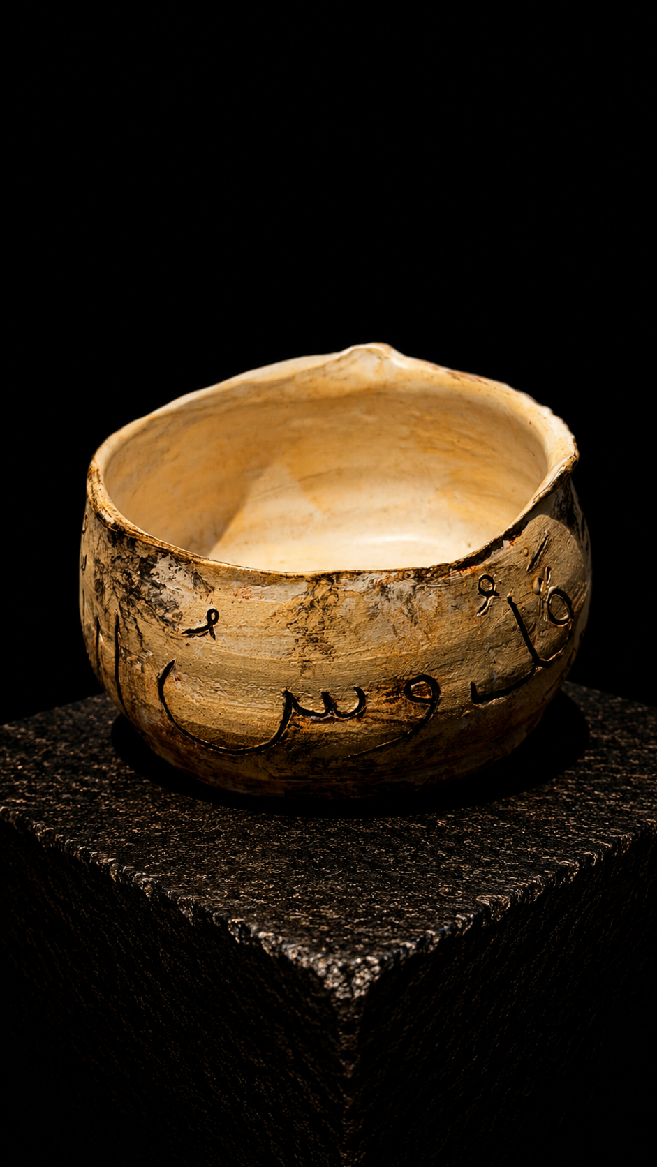 Handmade Christian pottery Arabic Orthodox stoneware vase featuring the Trisagion prayer "Holy God" hand-carved