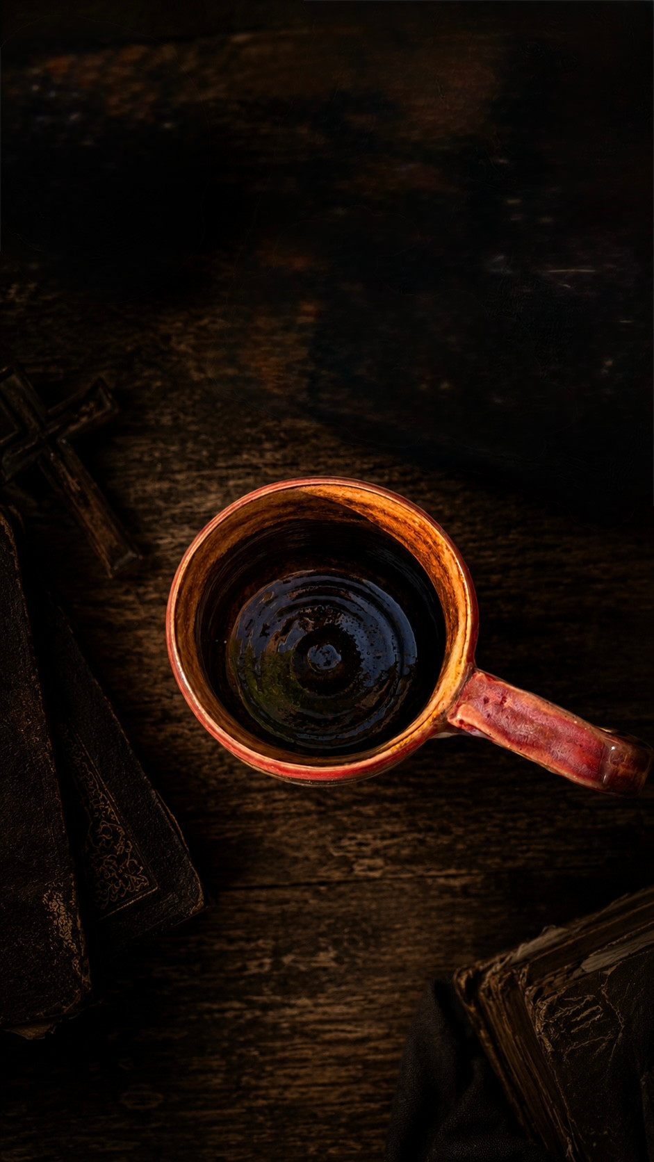 Handcrafted stoneware coffee cup by DOXA & STAVROS, featuring Orthodox inscription, photographed on neutral background.
